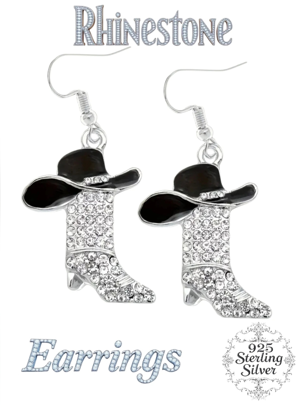 925 Sterling Silver Cowboy Boot & Hat Drop Earrings - Black/Silver
